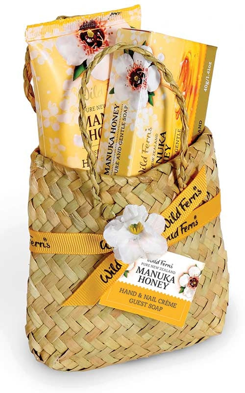 Wild Ferns Manuka Honey Skincare Gift Flax Basket - Hand Nail Creme & Soap